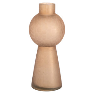 Petit vase en céramique brune, de forme sphérique et à base cylindrique.