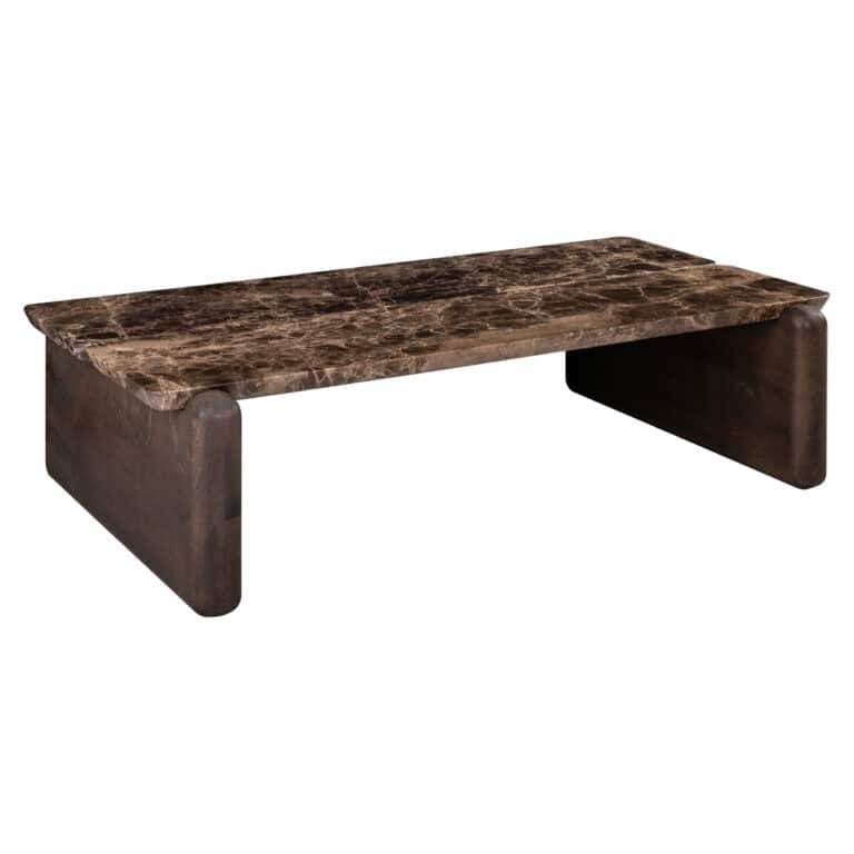 Donkere houten salontafel met marmeren blad voor moderne woonkamers.