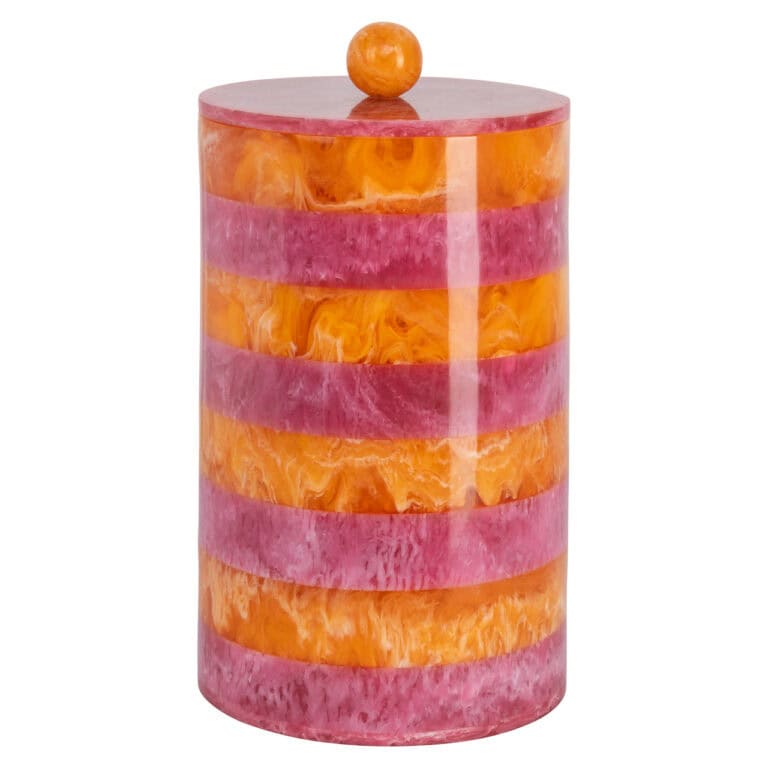 Roze en oranje gestreepte opbergdoos met deksel en knobbel.
