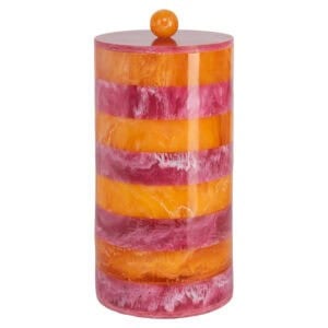 Opbergdoos Lilybelle in roze en oranje met ronde knop op deksel.