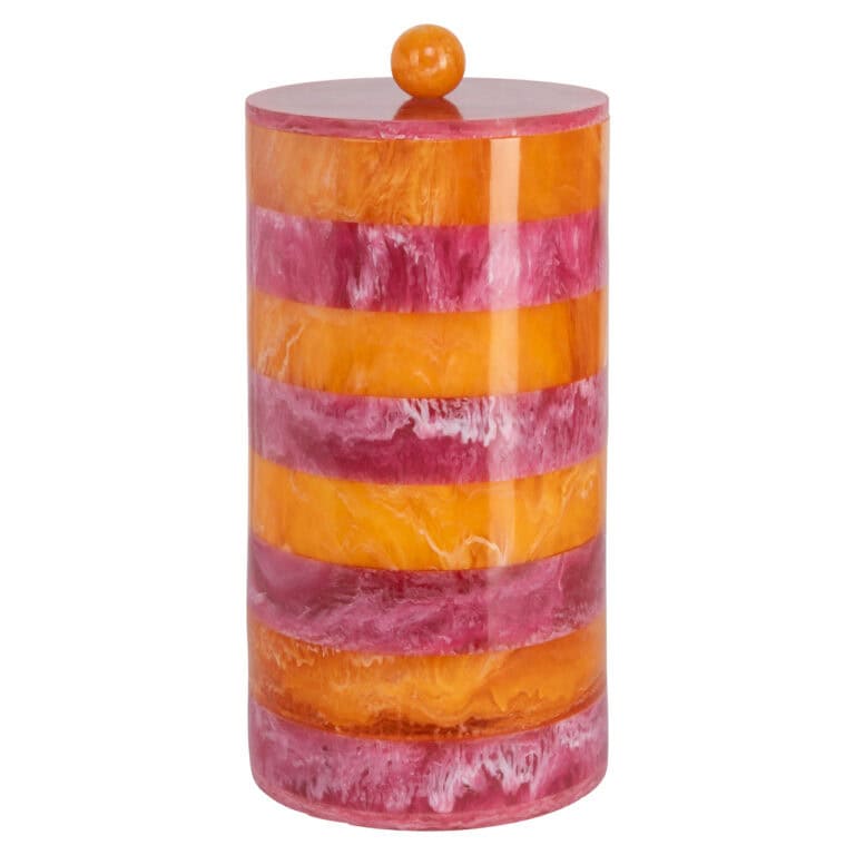 Kleurrijke opbergdoos met oranje en roze strepen en een bol bovenkant.