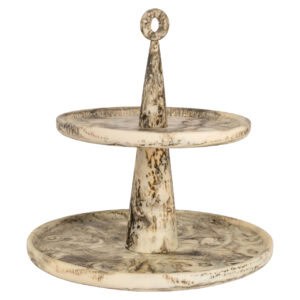 Marmeren etagère met drie niveaus en ringhandvat voor decoratie.