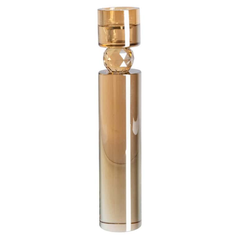 Goldene Kerzenhalter-Schale mit Glaskugel und zylinderförmigem Sockel.