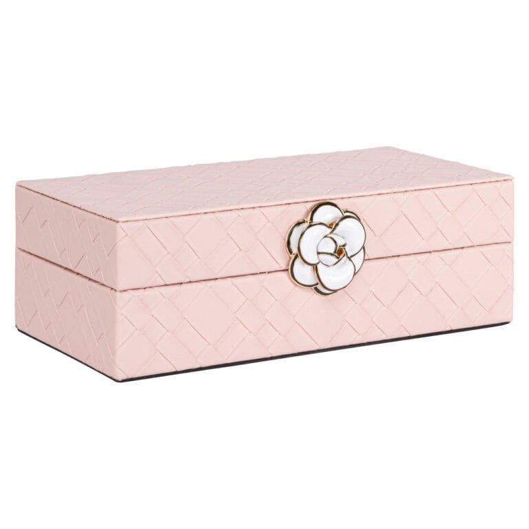 Boîte de rangement rose « Lotte » ornée d'un bouton de fleur, pour bijoux et accessoires.