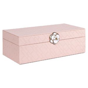 Lotte 's pink storage box with a flower bud design for jewelry and accessories.
