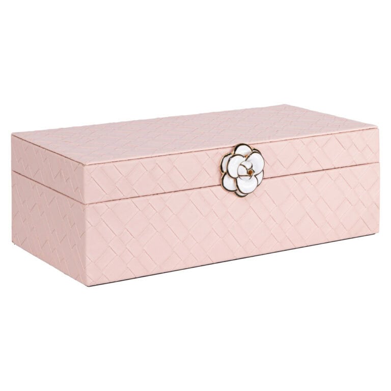 Boîte de rangement rose « Lotte » ornée d'un bouton de fleur, pour bijoux et accessoires.