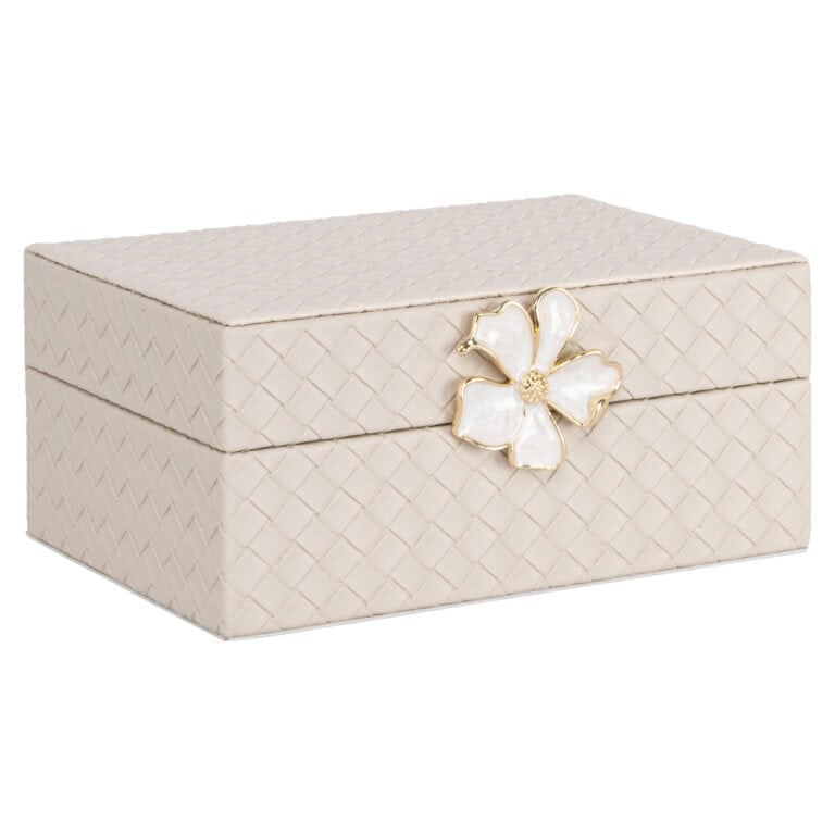 Small ivory-colored storage box with a floral design for jewelry.