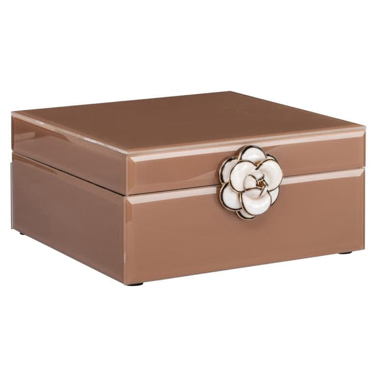 Small brown storage box with a flower bud design.