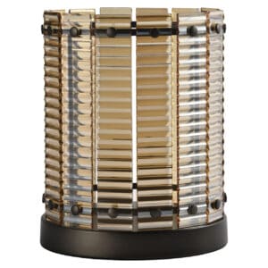 Petite Lampe ouragan » aux finitions marron et dorées.