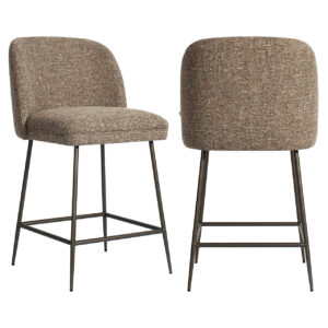Modern bar stool with brown tweed upholstery and black metal legs.