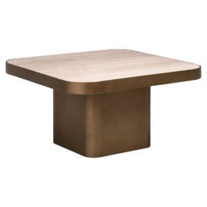 Moderne beige salontafel met afgeronde hoeken en stevige basis.