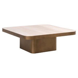 Moderne beige salontafel met afgeronde hoeken en stevige basis.