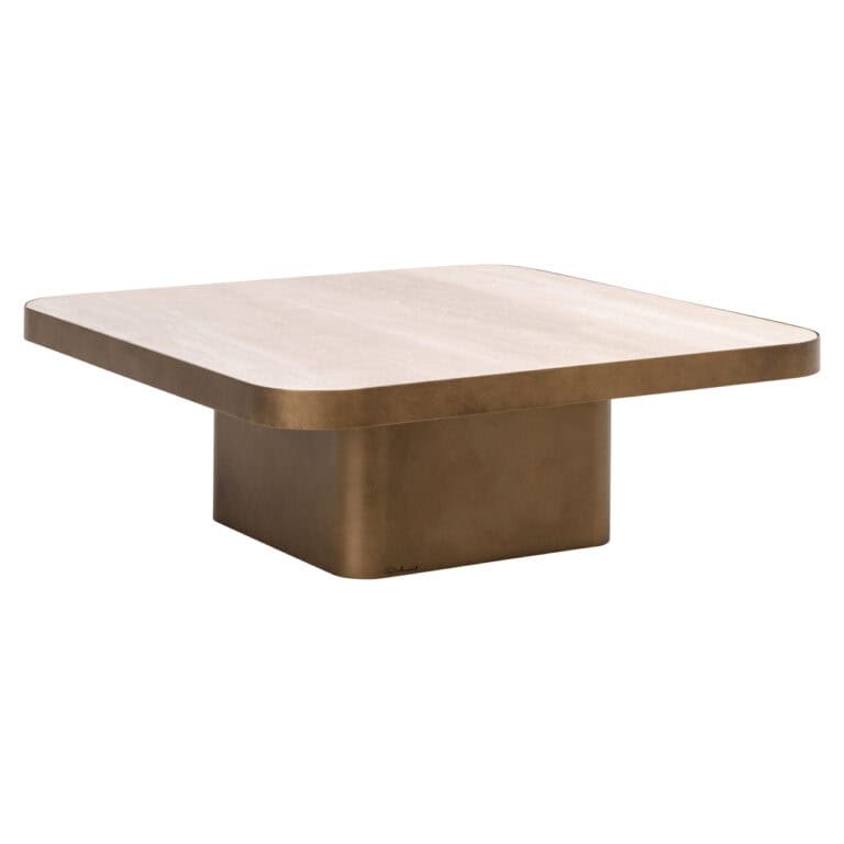 Moderne beige salontafel met afgeronde hoeken en stevige basis.