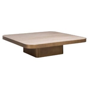 Moderne beige salontafel met ronde rand en stevige basis.
