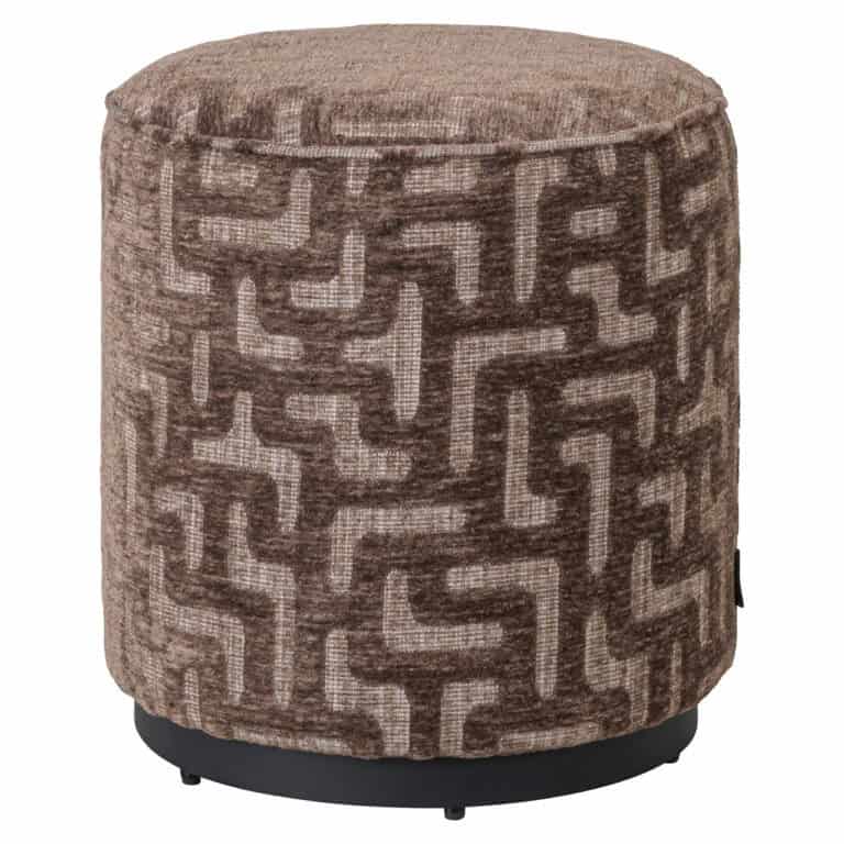 Poef & Voetenbank Lexie in bruin labyrinth patroon, rond en comfortabel.