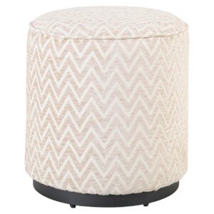 Beiger Pouf und Fußhocker im Chevron-Muster mit runder Form und schwarzem Gestell.