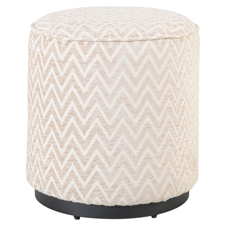 Beige chevron poef en voetenbank met ronde vorm en zwart onderstel.