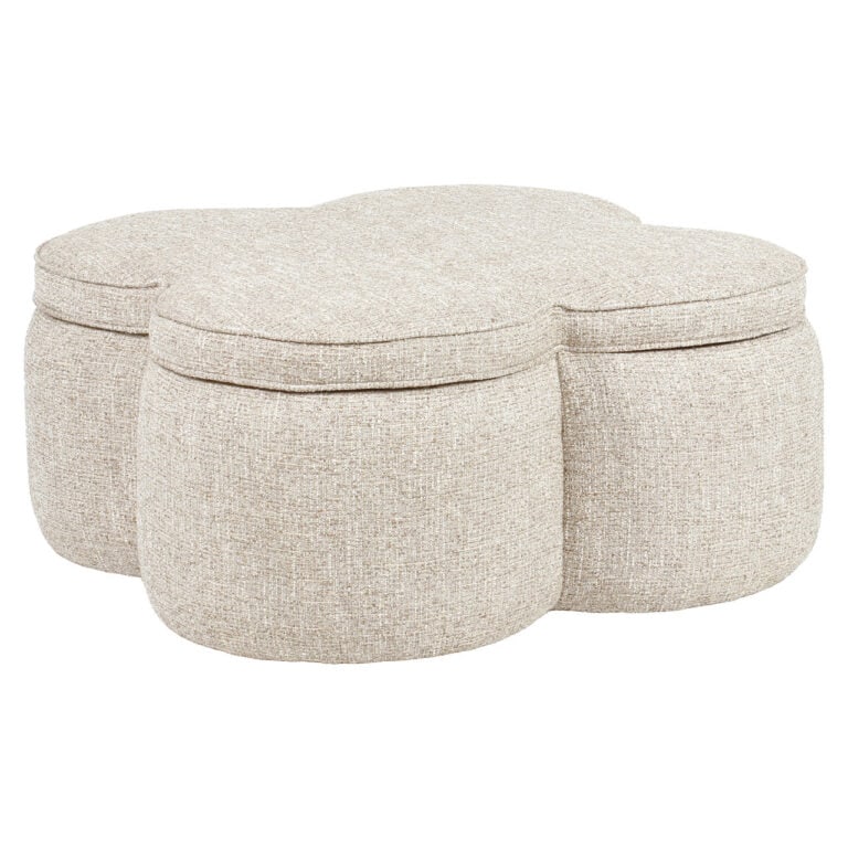 Modern sand-colored ottoman and footstool in tweed fabric for the living room.