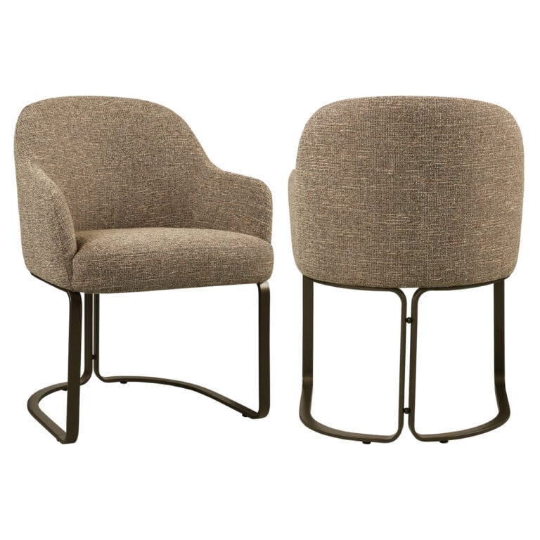 Eetkamerstoel Hadley met bruin tweed bekleding en zwart metalen frame.