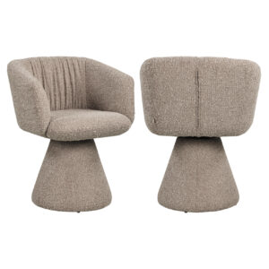 Moderne mocca eetkamerstoel met ronde basis en comfortabele zitting.