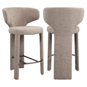 Modern mocha-colored counter stools with soft upholstery and a metal footrest.