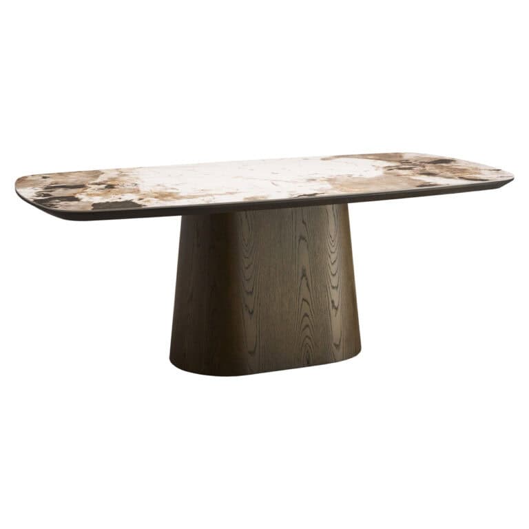 Langford dining table with a marble top and wooden base.