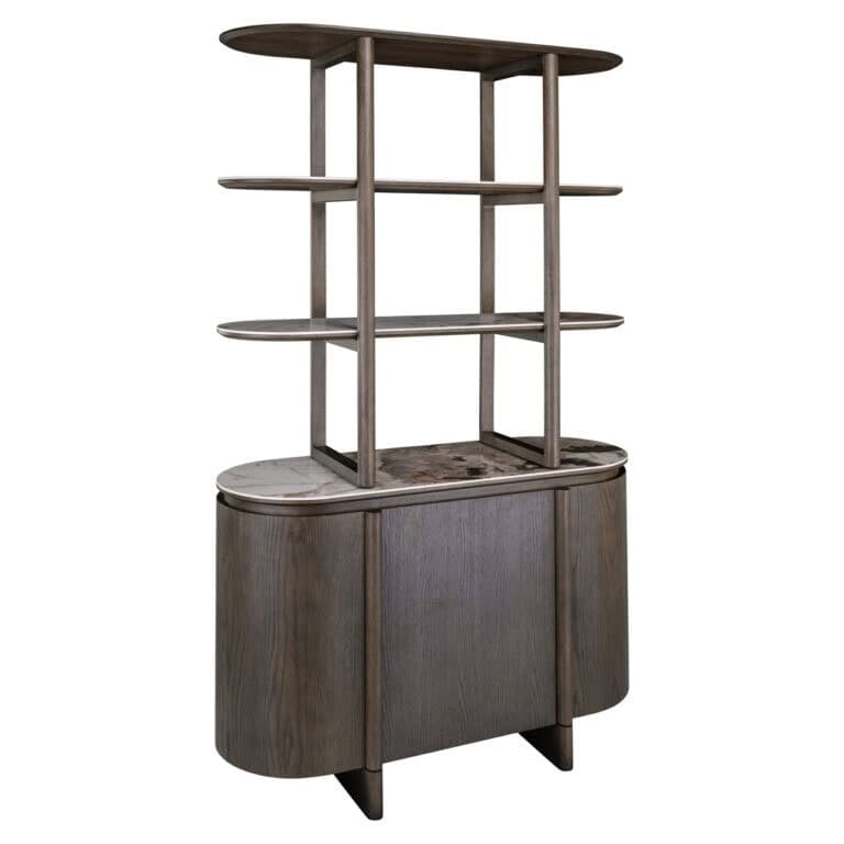 Elegant Langford wooden wall cabinet in brown with open shelves and closed storage space.