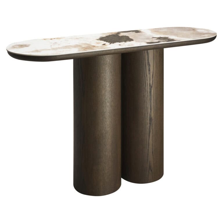 Langford console table with a marble top and wooden legs.