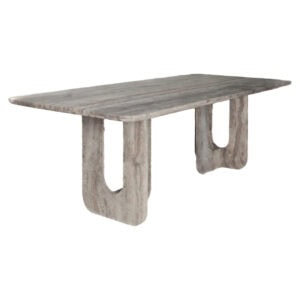 Robuuste eettafel in grijs hout met uniek onderstel.