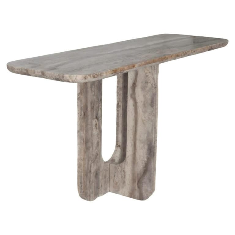 Table console robuste en béton gris, au design unique.