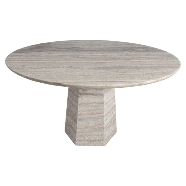 Westin Dining Table in gray, with a round shape and sturdy base.
