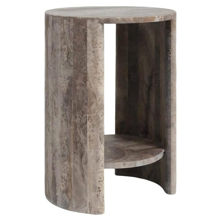 Sturdy gray concrete side table with an open compartment.