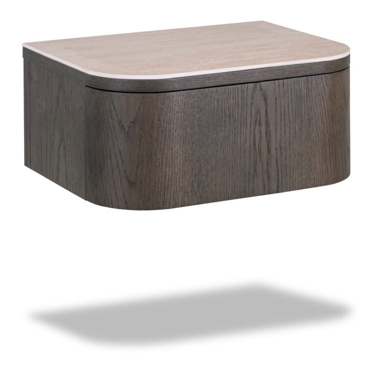 Nachttisch aus braunem Holz mit heller Oberseite.
