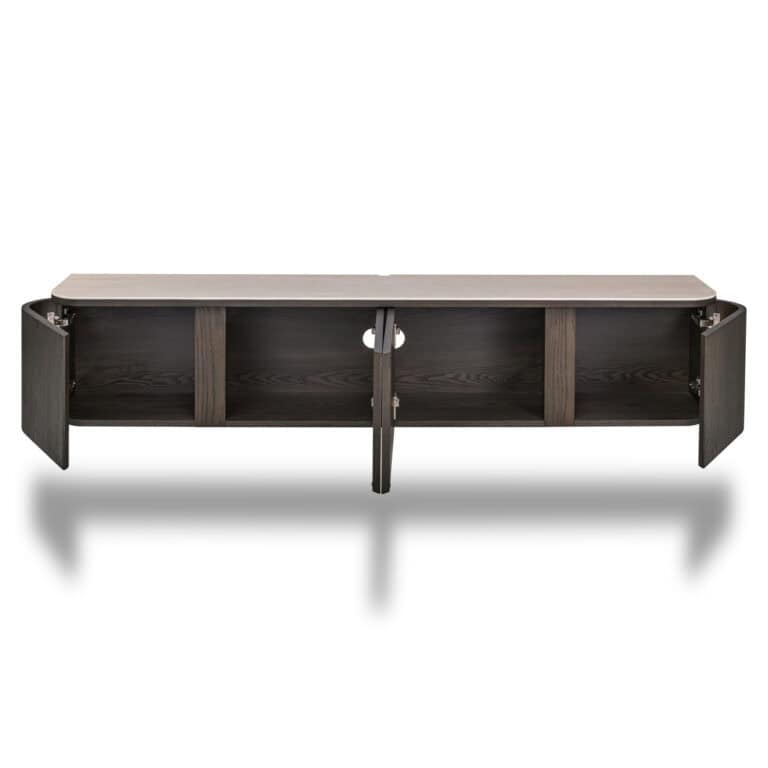 Modern TV-meubel Nando in bruin hout met open vakken en deuren.