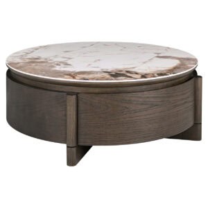 Table de salon e ronde avec plateau en marbre et piètement en bois.
