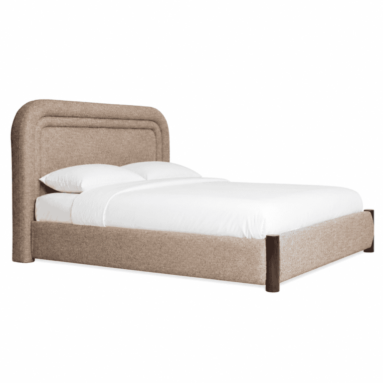 Richmond-Bett aus sandfarbenem Tweedstoff mit Holzbeinen, modernes Design.