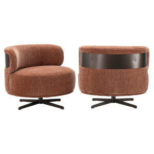 Moderne lounge stoel Lauren in mocha mousse stof met zwart onderstel.