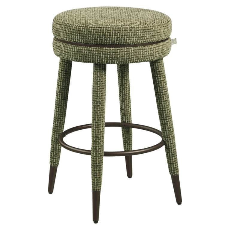 Green swivel chair with a round seat and wooden legs.