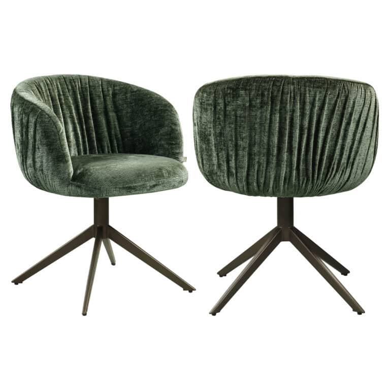 Groene velvet eetkamerstoel met draaibaar onderstel.