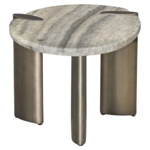 Table d'appoint moderne avec plateau en marbre et pieds en métal.