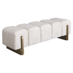 Moderne bank met crèmetweed bekleding en gouden poten.