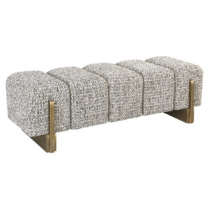Stijlvolle bank met gemêleerde stoffen bekleding en gouden poten voor een luxe interieur.