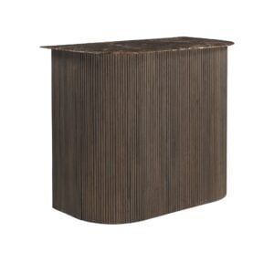 Modern wooden bar counter with vertical grooves for interior use.