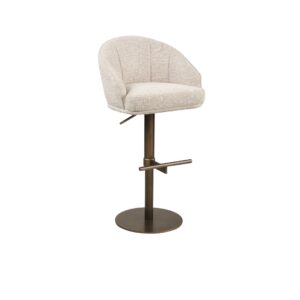 Modern bar stool with beige upholstery and adjustable height.