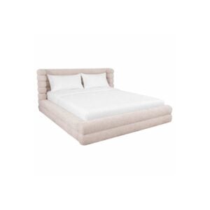 Elegantes beiges Bett mit kuscheligem Kopfteil und weißer Bettwäsche.