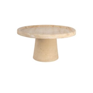 Strakke marmeren salontafel met ronde top en cilindrische basis.