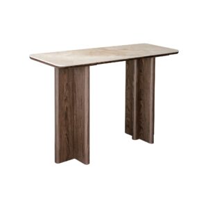 Eikenhouten eettafel met marmeren blad voor modern interieur.