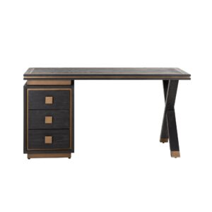 Elegant zwart houten bureau met drie laden en unieke pootconstructie.