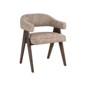 A comfortable vintage-style armchair with curved armrests and beige upholstery.