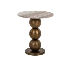 Moderne bijzettafel met marmeren blad en gouden ballen.